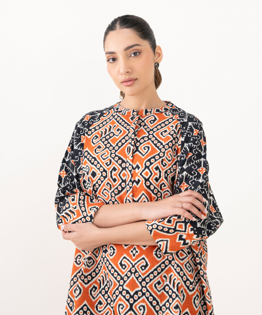 Women's RTW Light Khaddar Printed Black Drop Shoulder Shirt