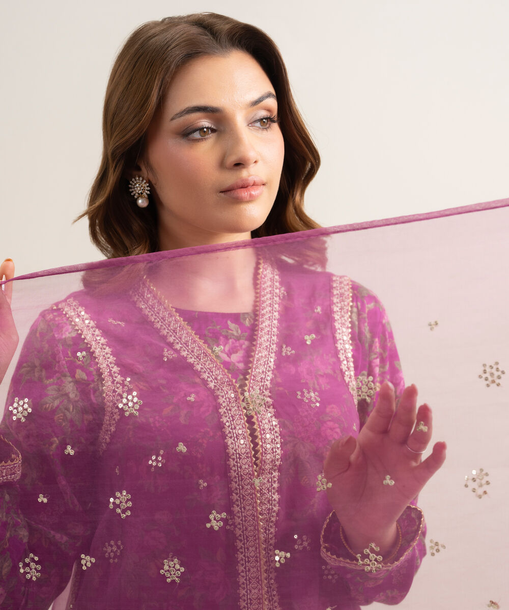 Women's RTW Blended Organza Embroidered Purple 3 Piece Suit