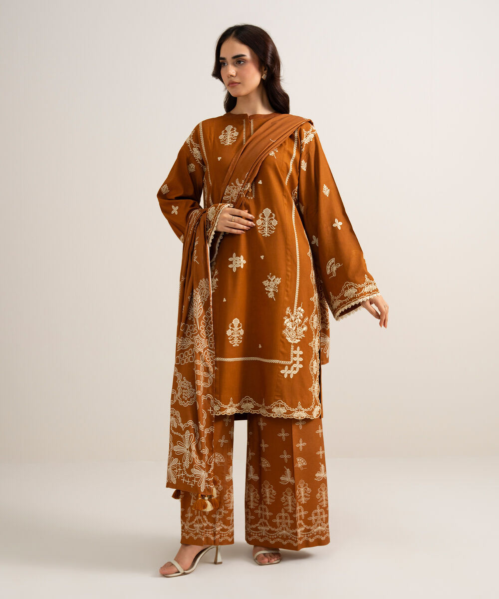 Women's Unstitched Embroidered Linen Mustard 3 Piece Suit
