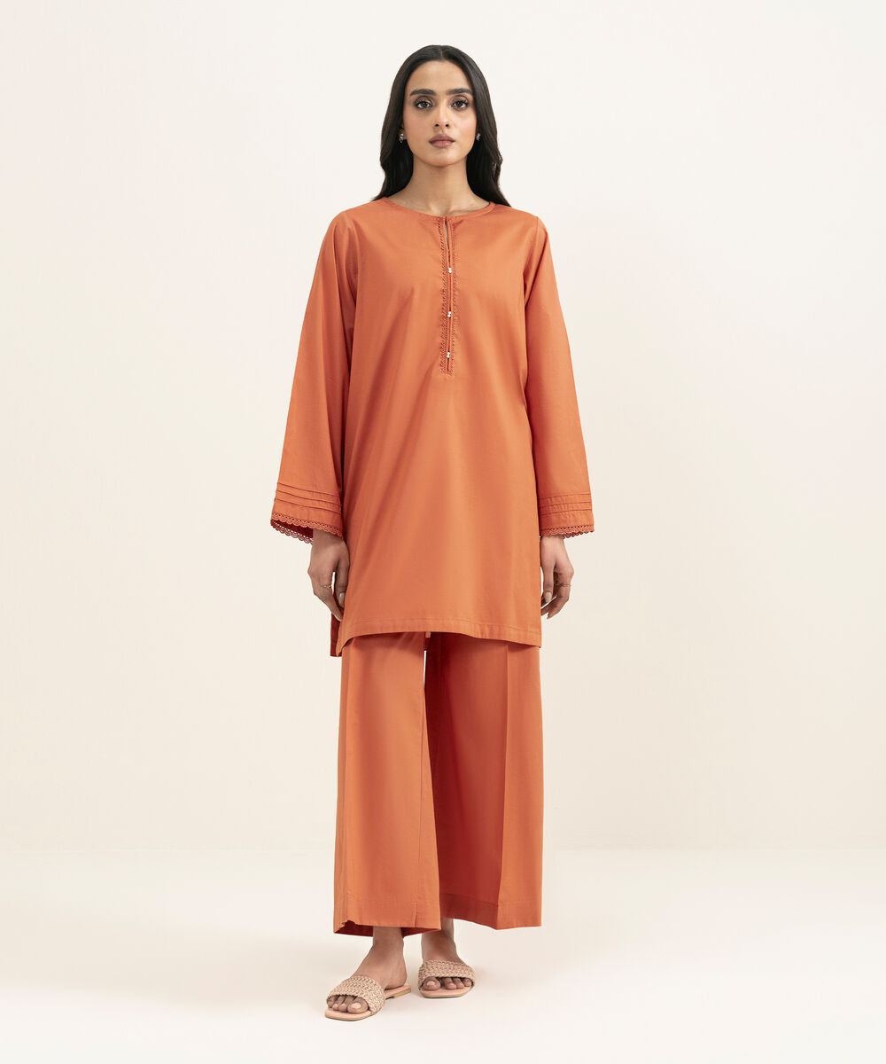 Women's RTW Cambric Solid Orange Straight Shirt