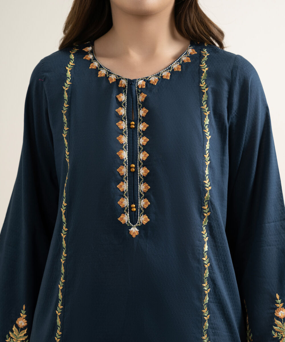 Women's RTW Dobby Embroidered Dark Blue Straight Shirt