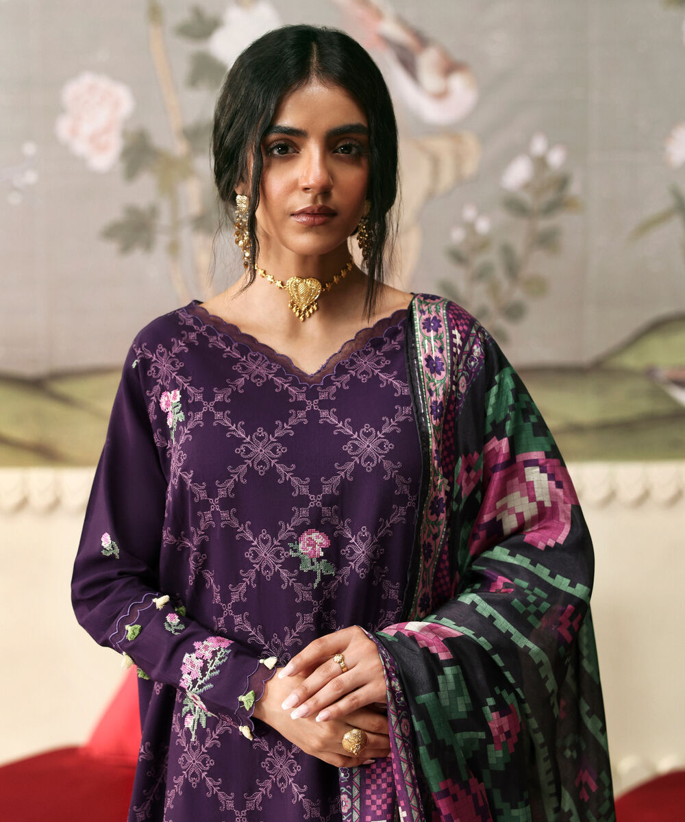 Women's Unstitched Viscose Raw Silk Embroidered Purple 3 Piece Suit