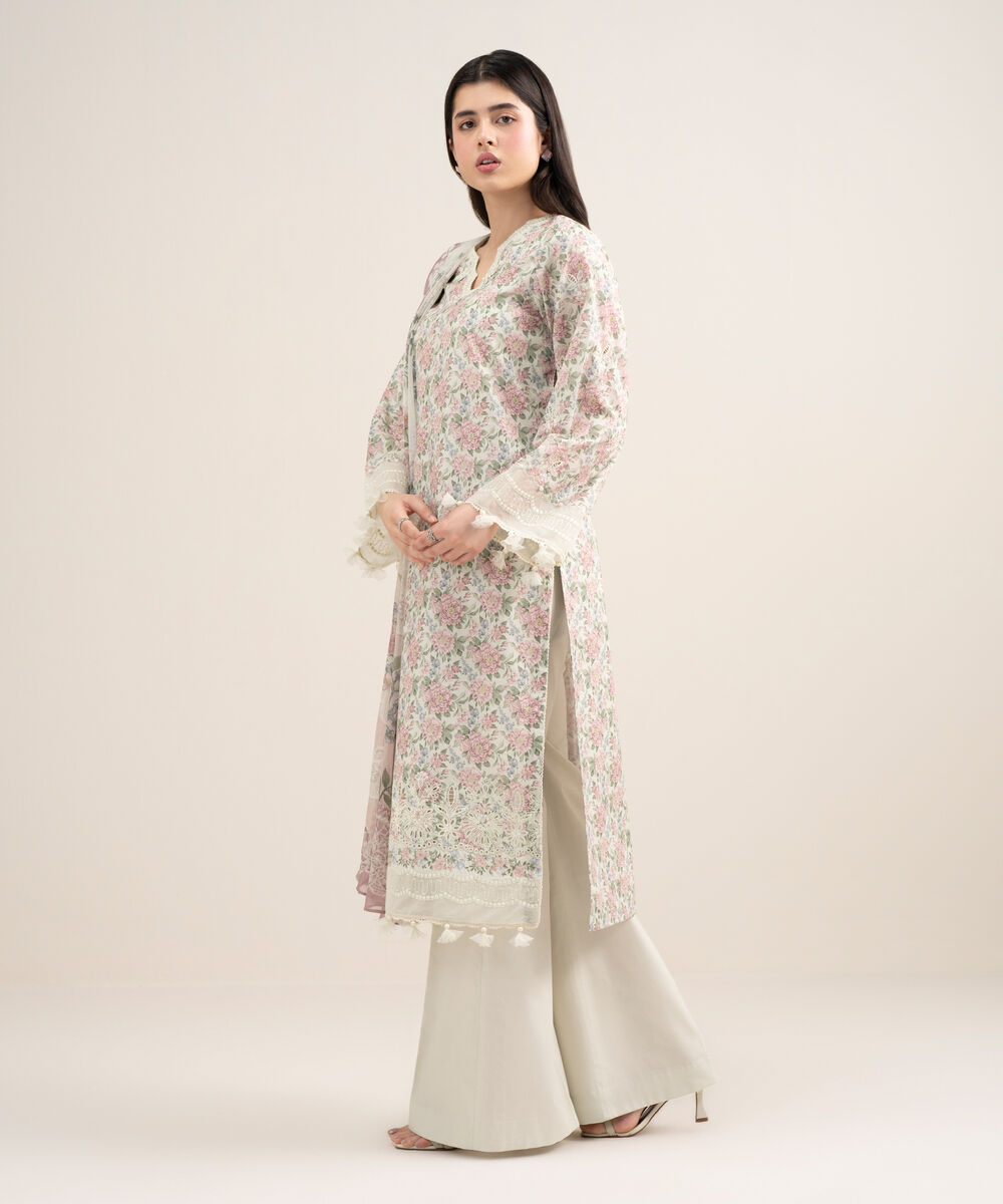 Women's Unstitched Lawn Embroidered Off White 3 Piece Suit