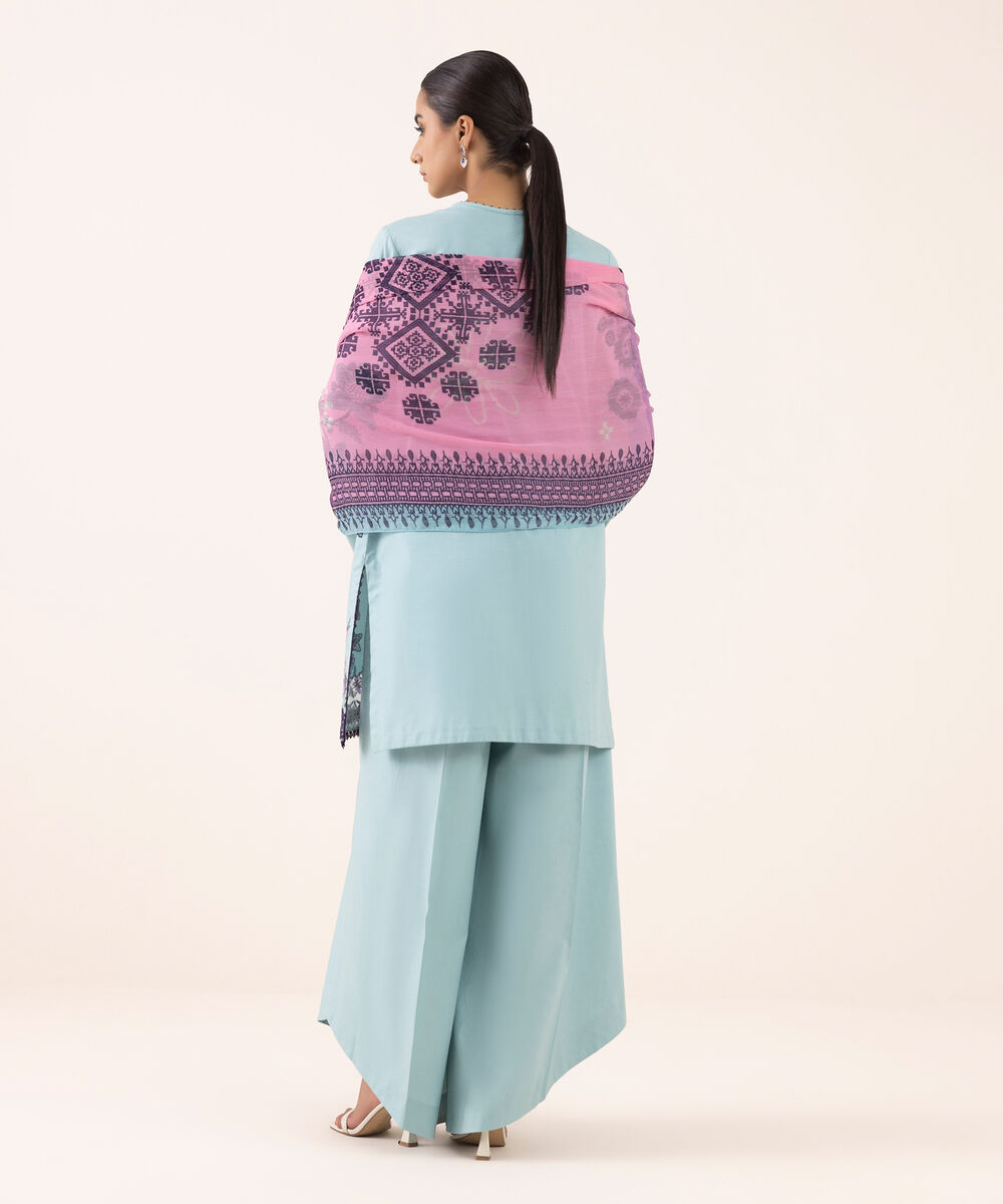 Women's Unstitched Cotton Embroidered Aqua Three Piece Suit