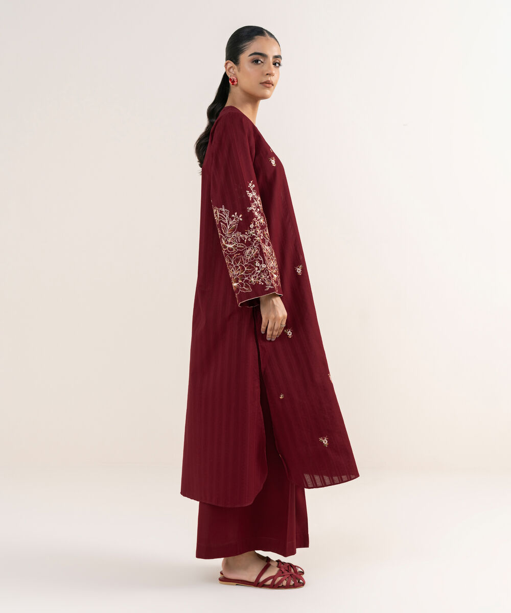 Women's RTW Textured Lawn Maroon Embroidered A-Line Shirt