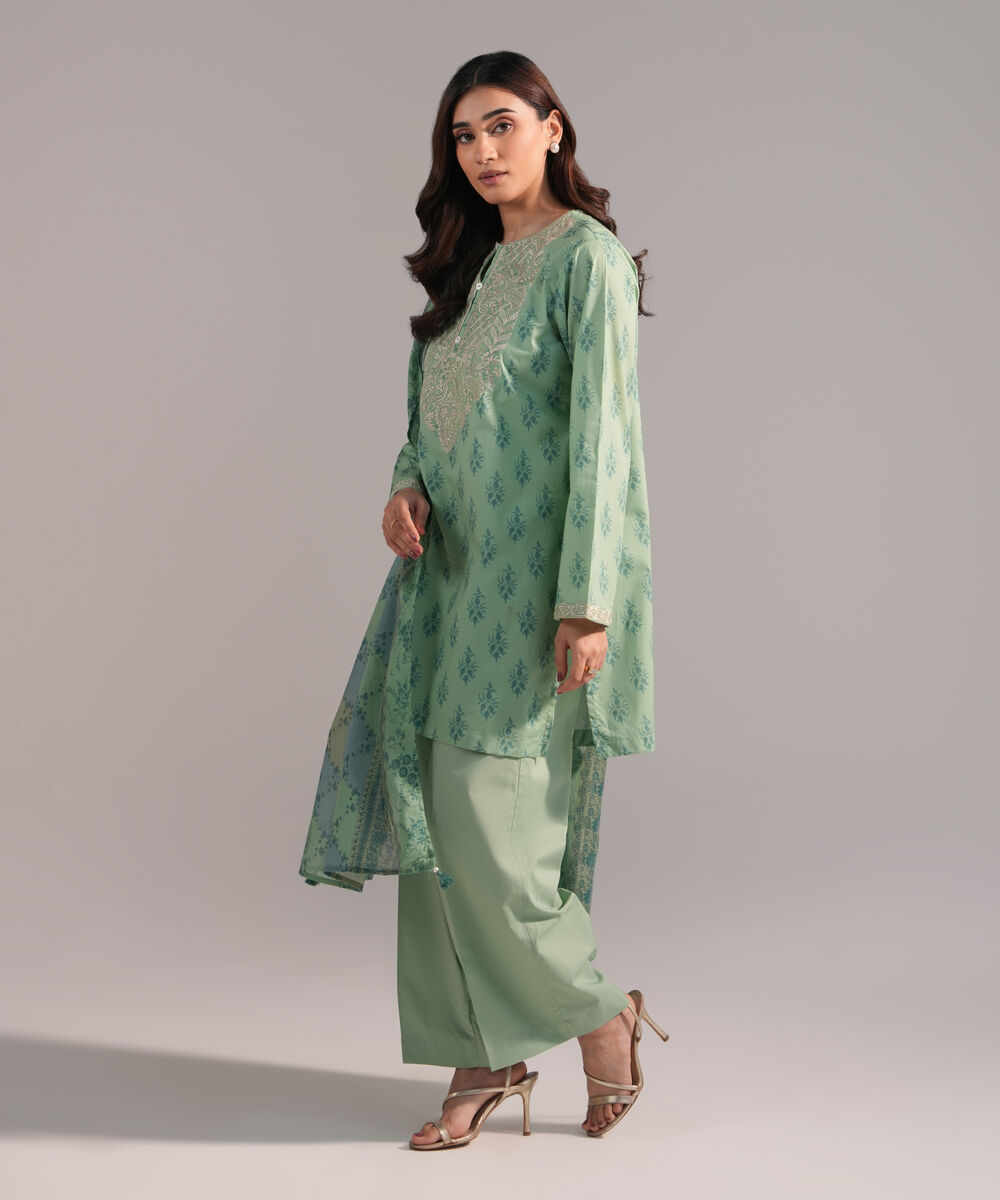 Women's RTW Cambric Embroidered Green 3 Piece Suit
