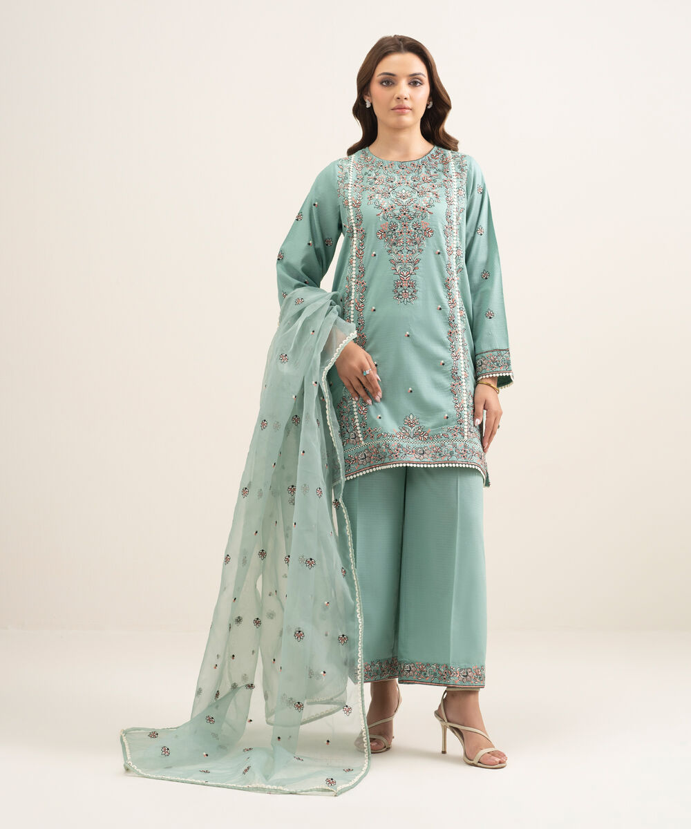 Women's RTW Dobby Embroidered Green A-Line Shirt