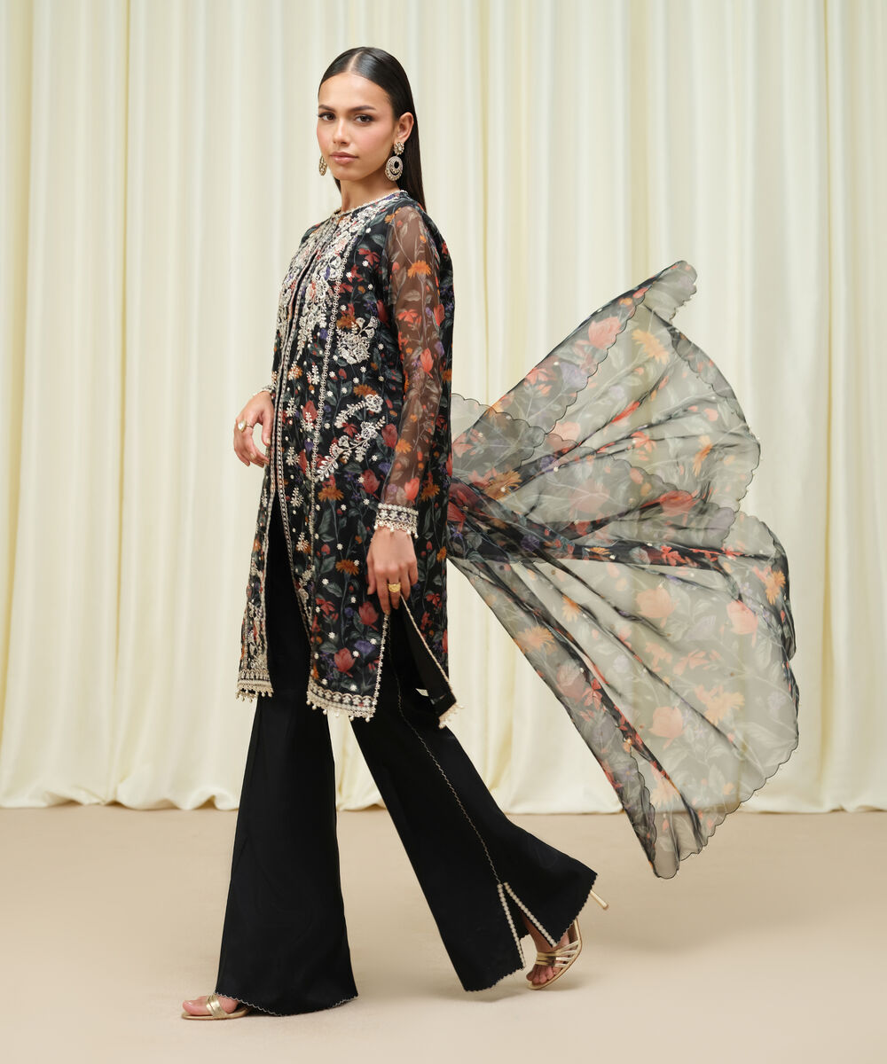 Women's Unstitched Blended Organza Embroidered Black 3 Piece Suit