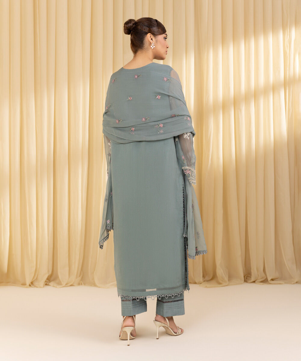 Unstitched Women's Grey Crinkle Chiffon 3 Piece Suit