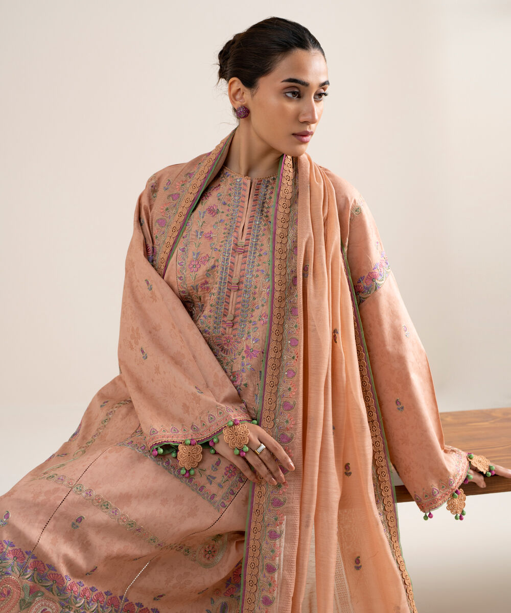 Women's Unstitched Cotton Jacquard Embroidered Pink
