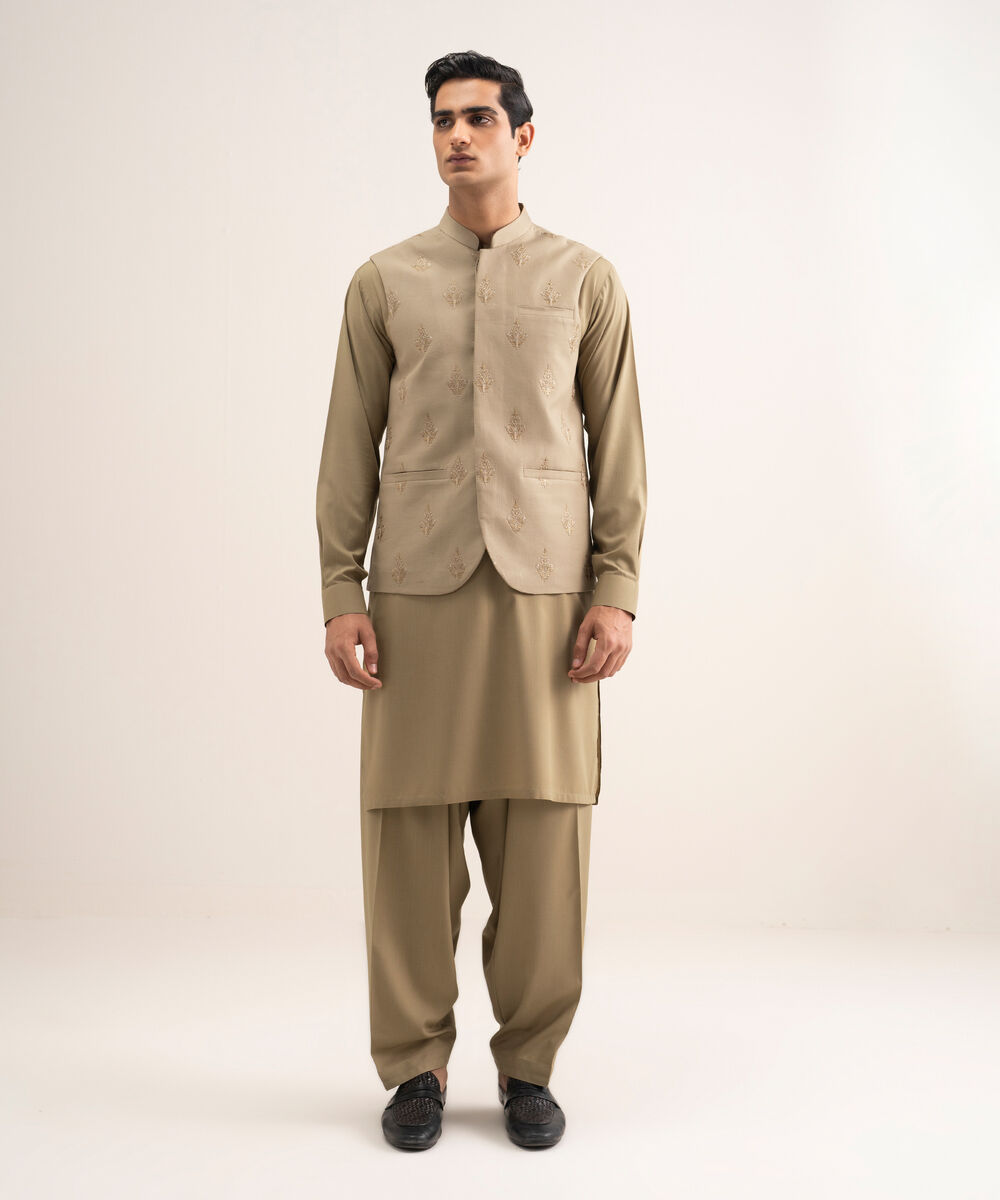 Men'S Stitched Khaki Cotton Dobby Waistcoat