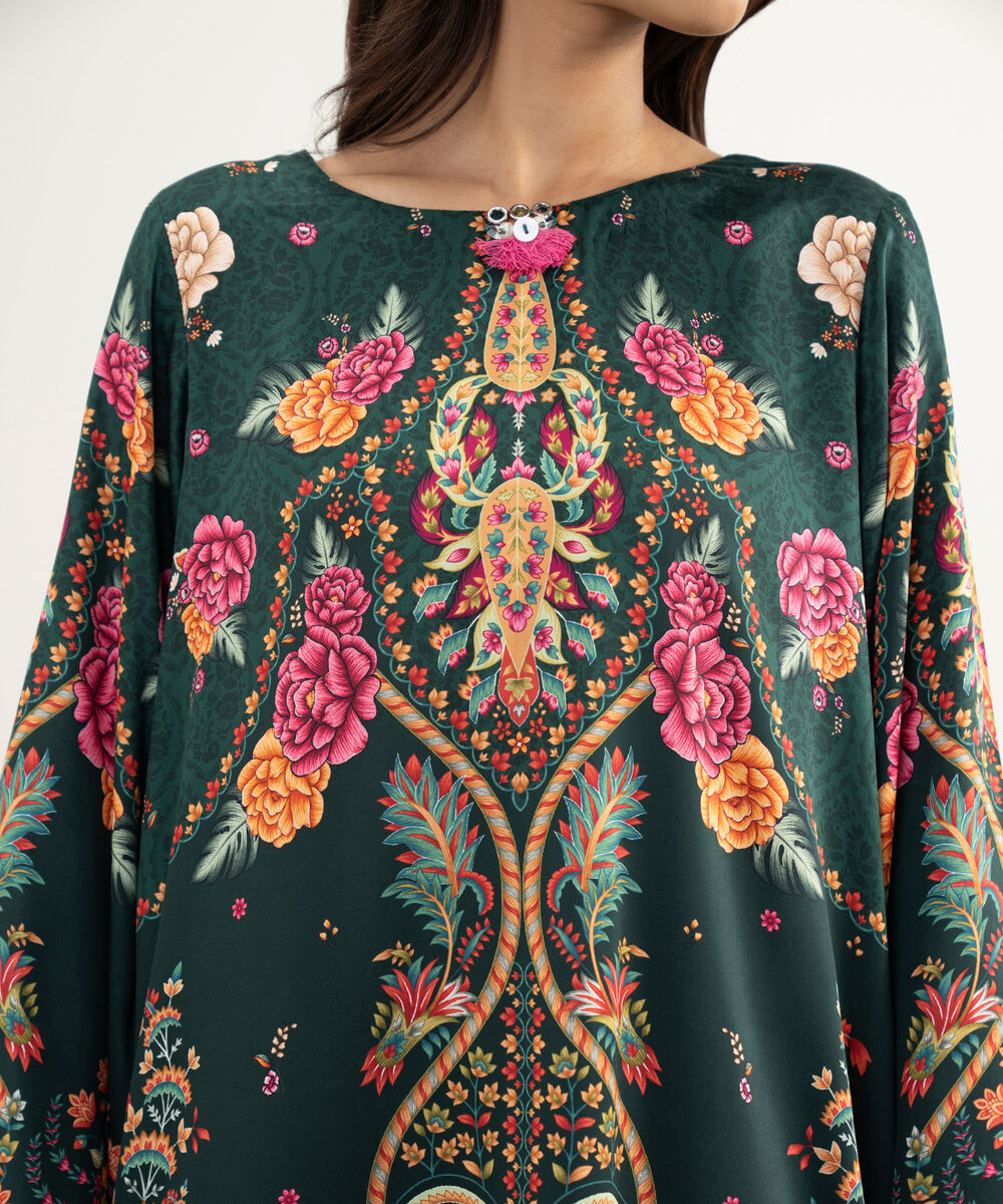 Women's RTW Premium Visocose Satin Printed Dark Green 2 Piece Suit