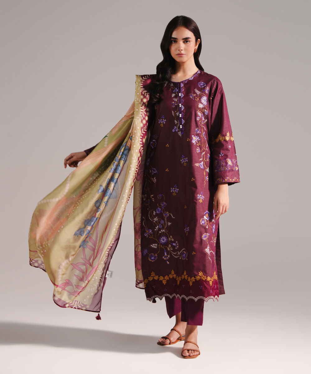 Women's RTW Zari Lawn Embroidered Maroon 3 Piece Suit