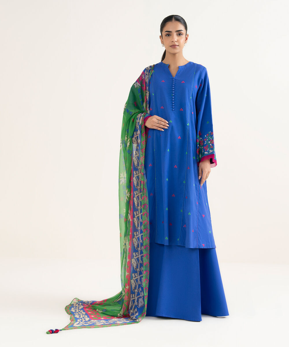 Women's Unstitched Cotton Viscose Embroidered Blue 3 Piece Suit