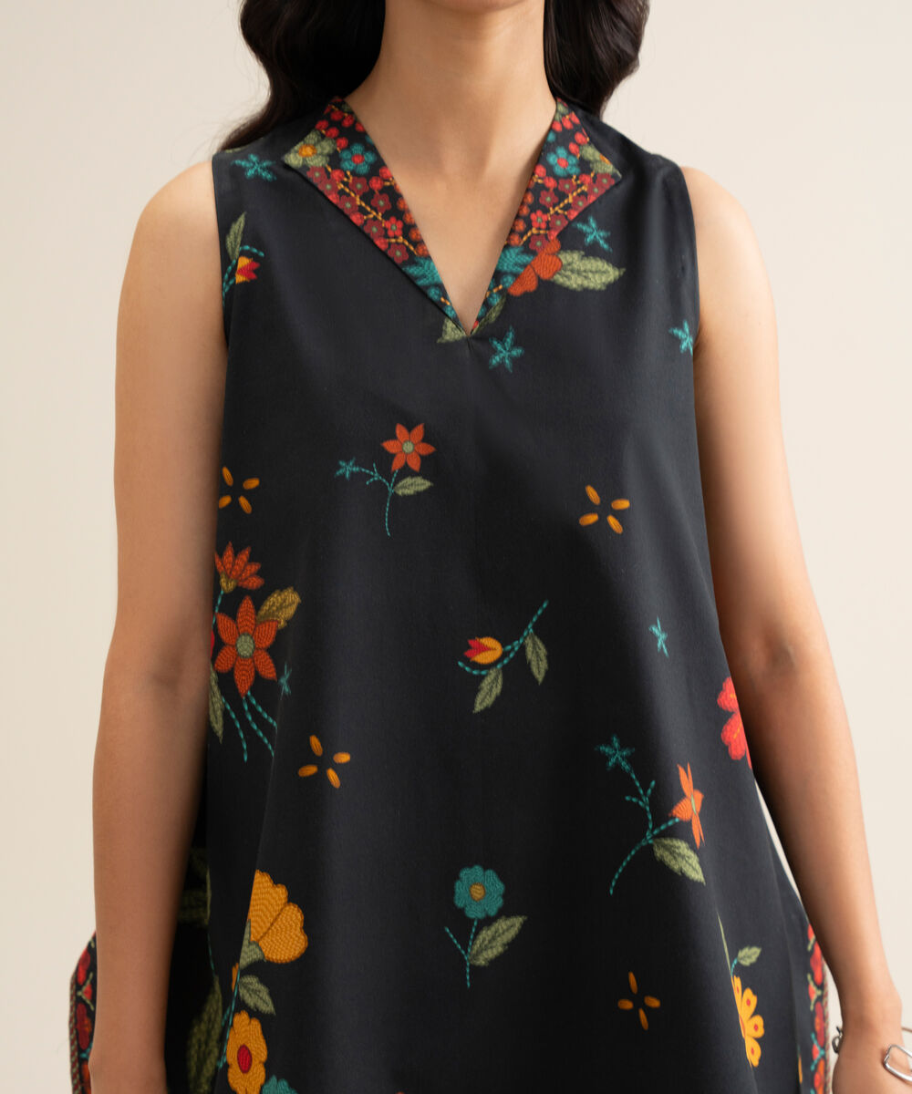 Women's Unstitched Cotton Printed Black 2 Piece Suit