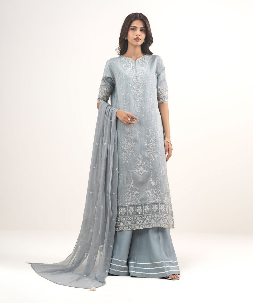 Women's Unstitched Raw Silk Embroidered Grey  3 Piece Suit
