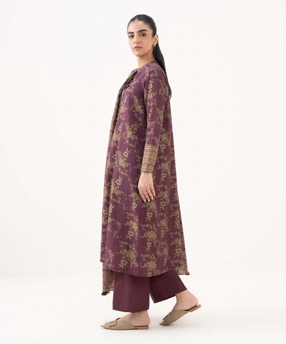 Women's Unstitched Khaddar Printed Red 3 Piece Suit