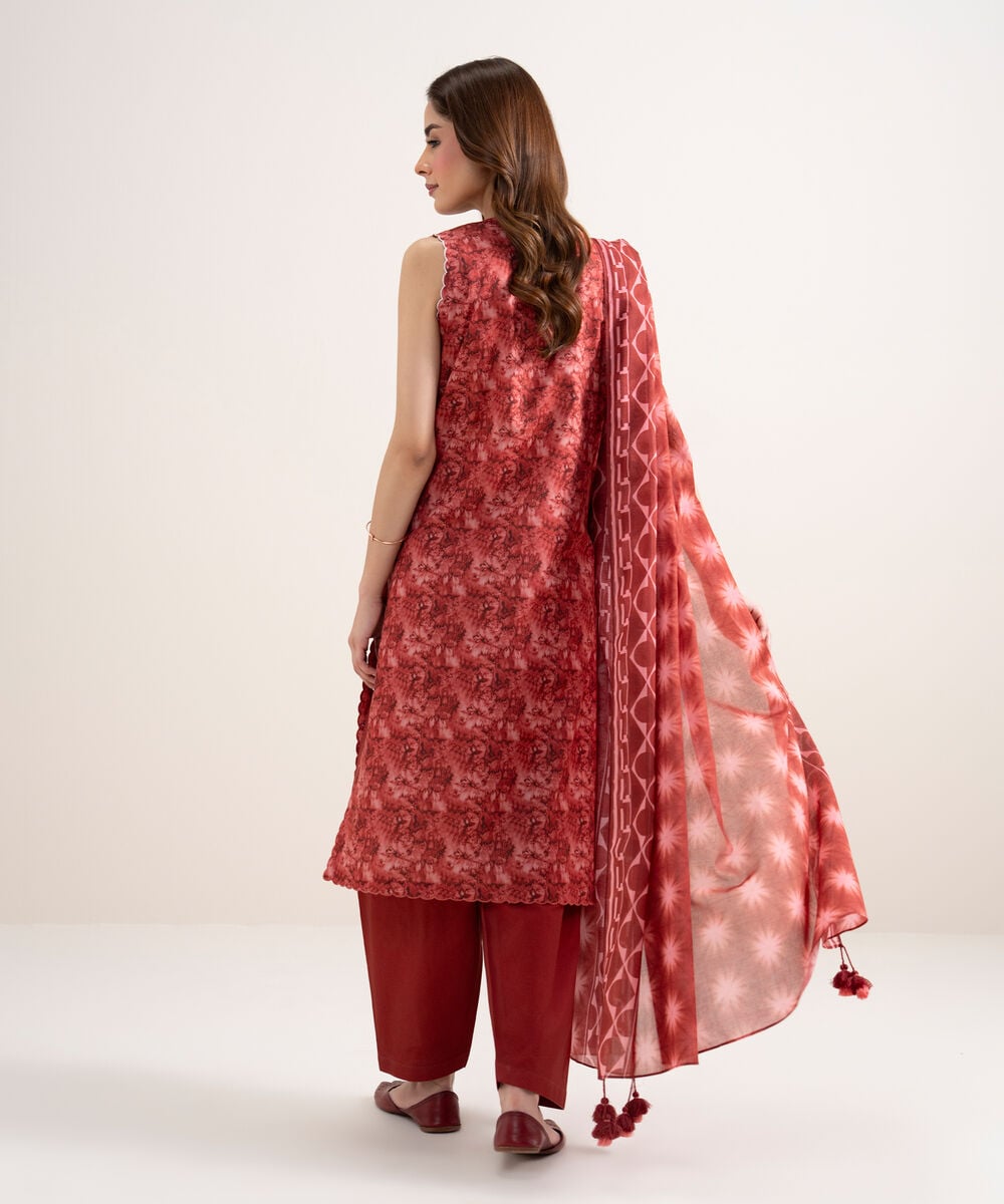 Women's Unstitched Lawn Embroidered Red 3 Piece Suit
