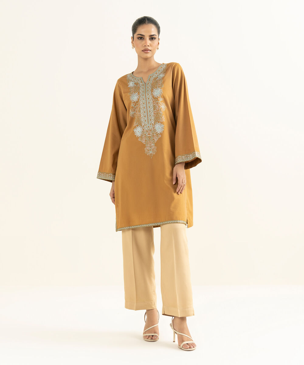 Women's RTW Bedford  Embroidered Mustard Straight Shirt