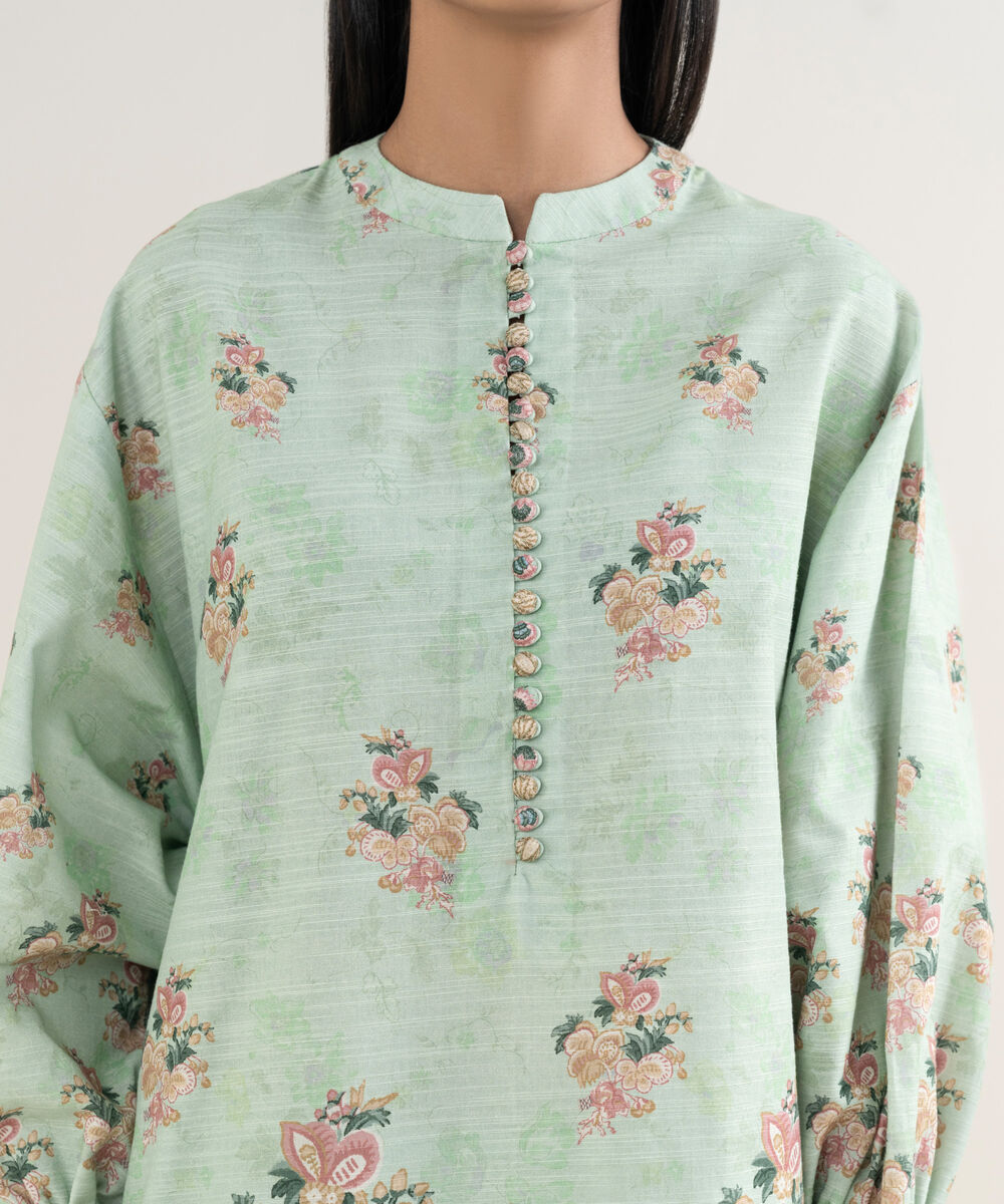 Women's Unstitched Printed Cotton Aqua 3 Piece Suit