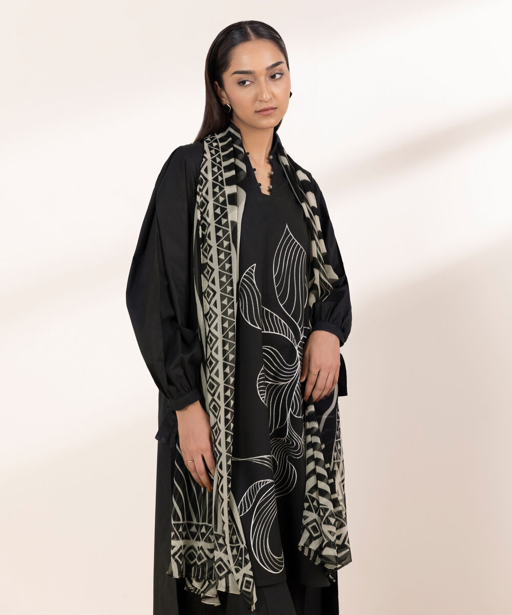 Women's Unstitched Lawn Embroidered Black 3 Piece Suit