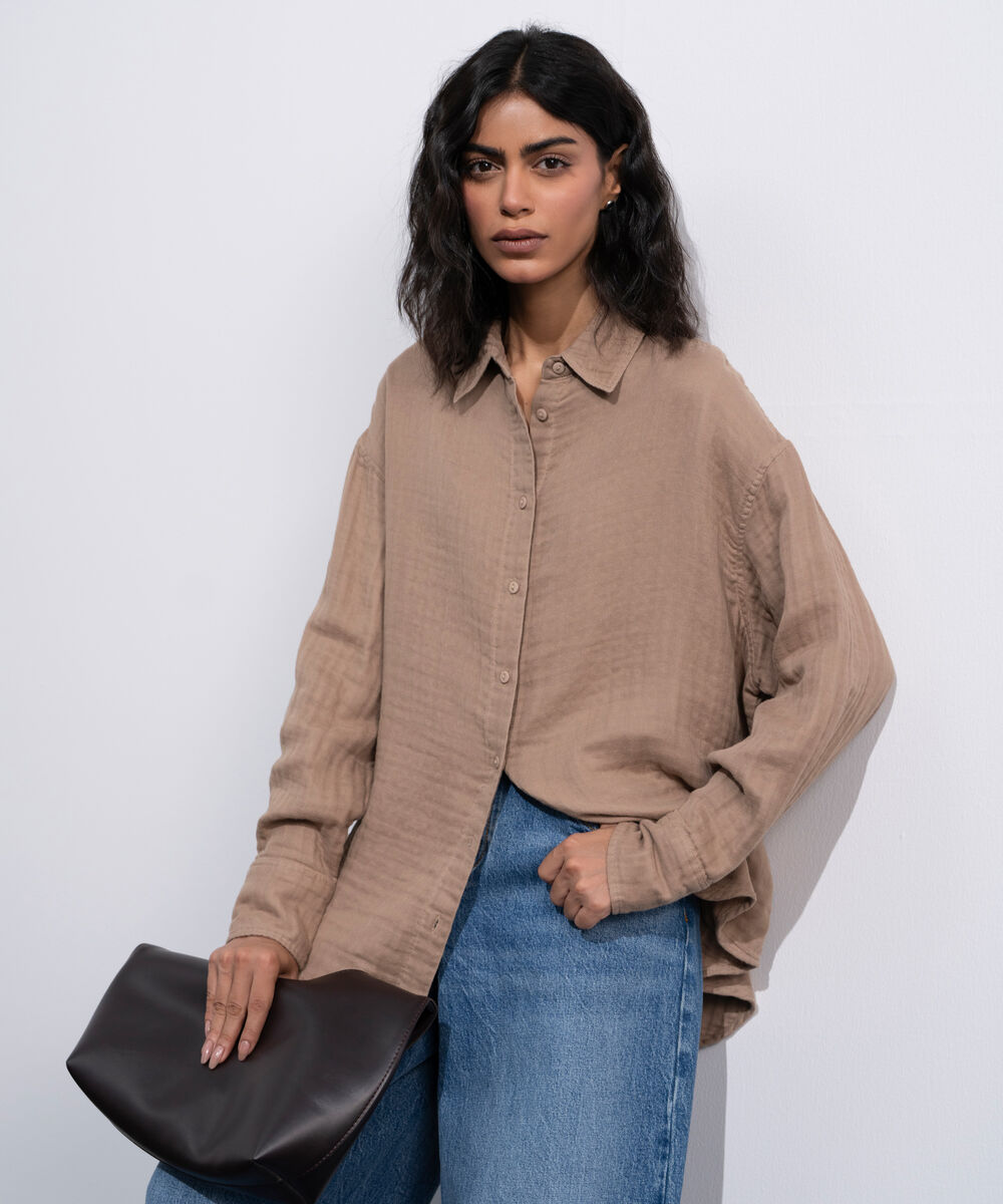 Women's Beige Loose-Fit Muslin Shirt