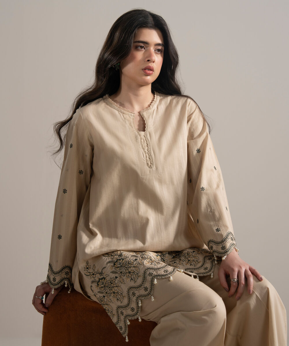 Women's RTW Leno Kara Embroidered Beige Straight Shirt