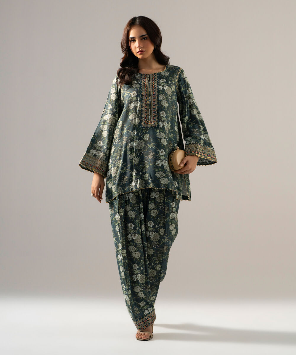 Women's RTW PK Raw Silk Printed Embroidered Teal Blue 2 Piece Suit
