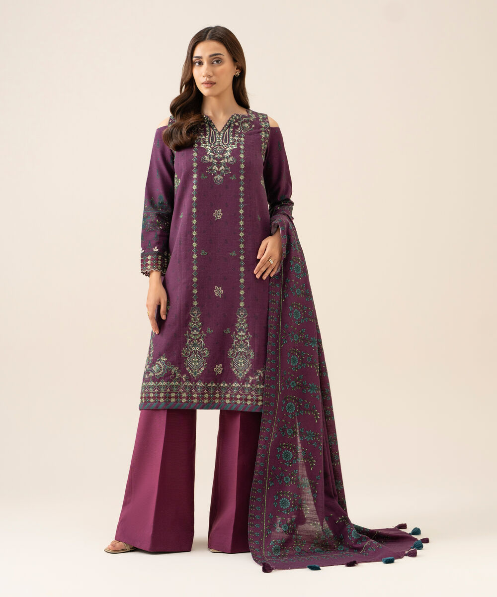 Women's Unstitched Light Khaddar Embroidered Plum 3 Piece Suit