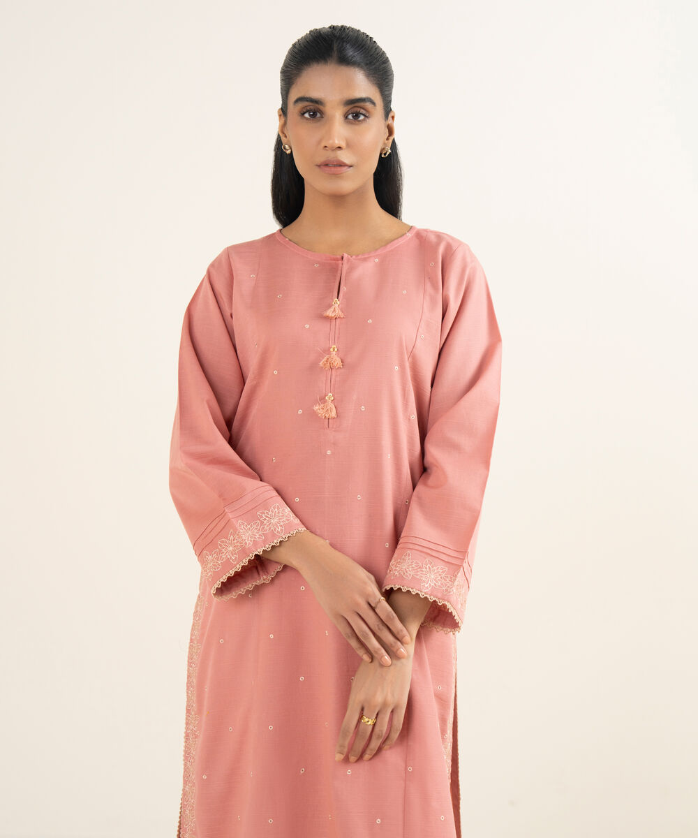 Women's RTW Cotton Embroidered Pink A-Line Shirt