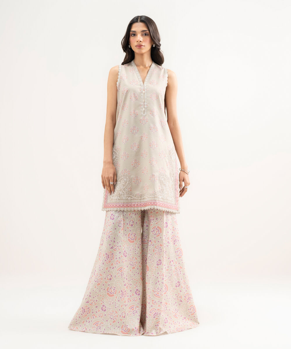 Women's Unstitched Lawn Embroidered Beige 2 Piece Suit