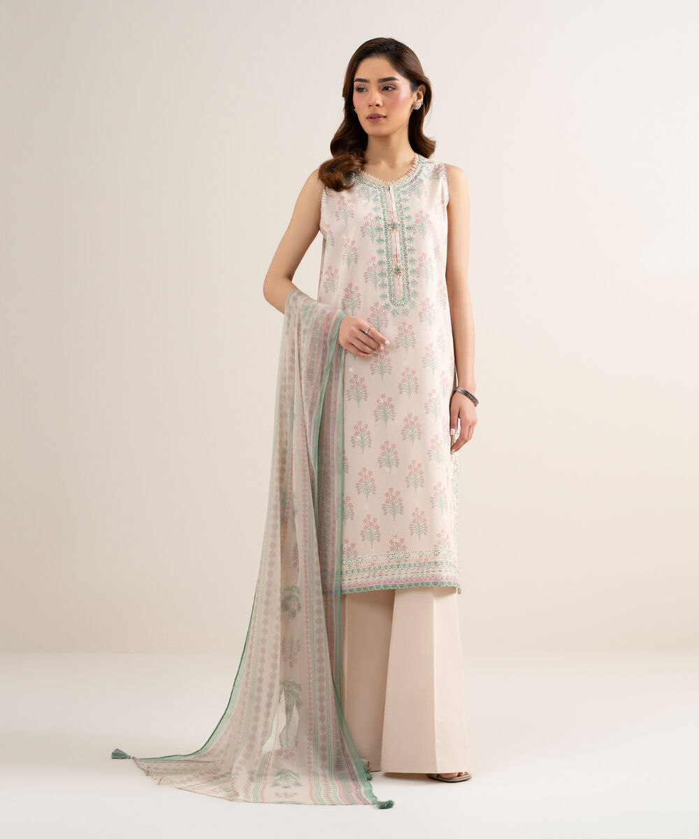 Women's Unstitched Lawn Embroidered Pink 3 Piece Suit