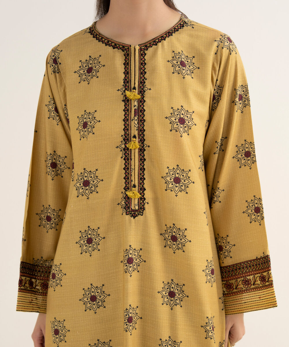 Women's RTW Cotton Embroidered Mustard A-Line Shirt