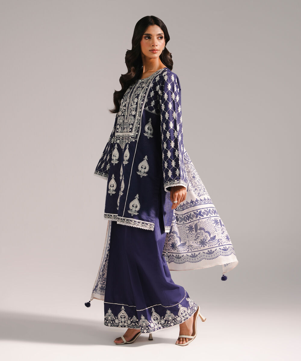 Women's RTW Fancy Cotton Embroidered Dark Blue 3 Piece Suit