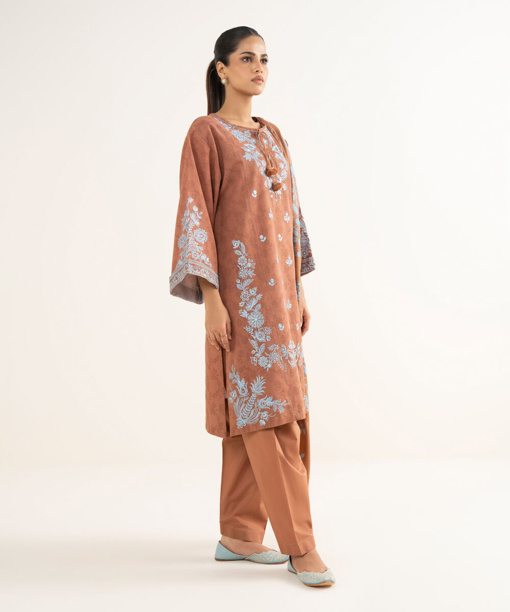 Women's Unstitched Cotton Jacquard Embroidered Brown 3 Piece Suit