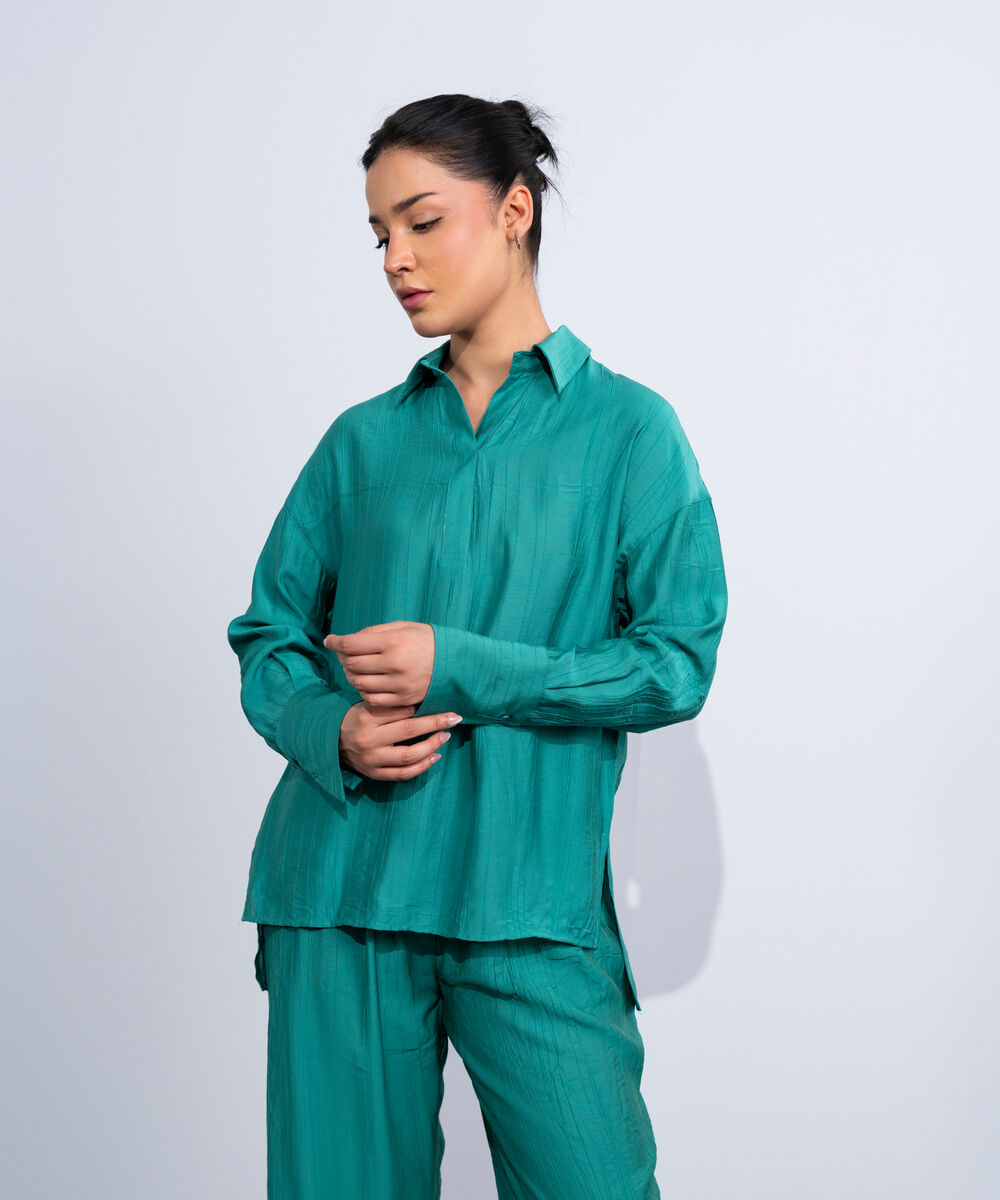 Women's Western Teal Green Textured V-Neck Top