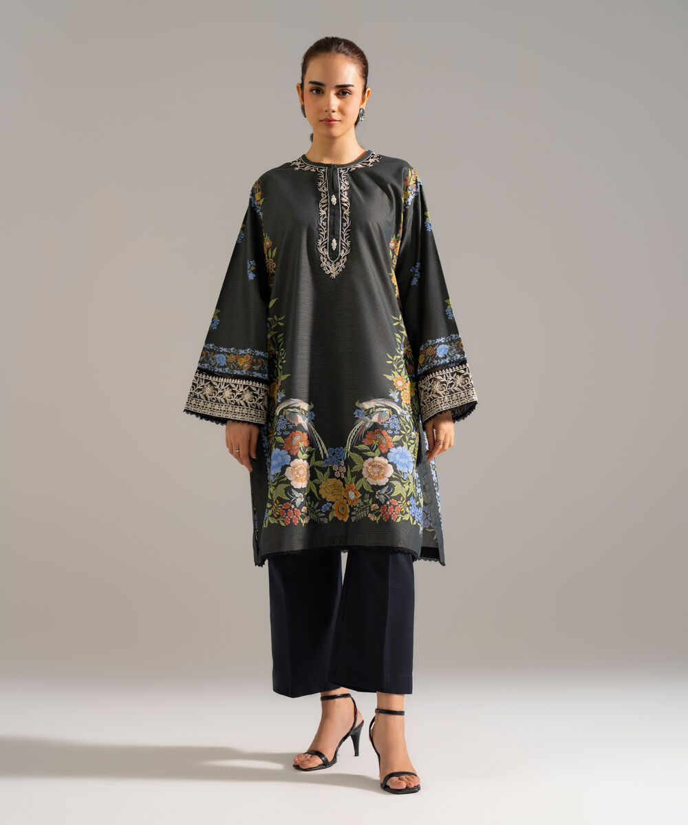 Women's RTW Zari Lawn Embroidered Black Drop Shoulder Shirt