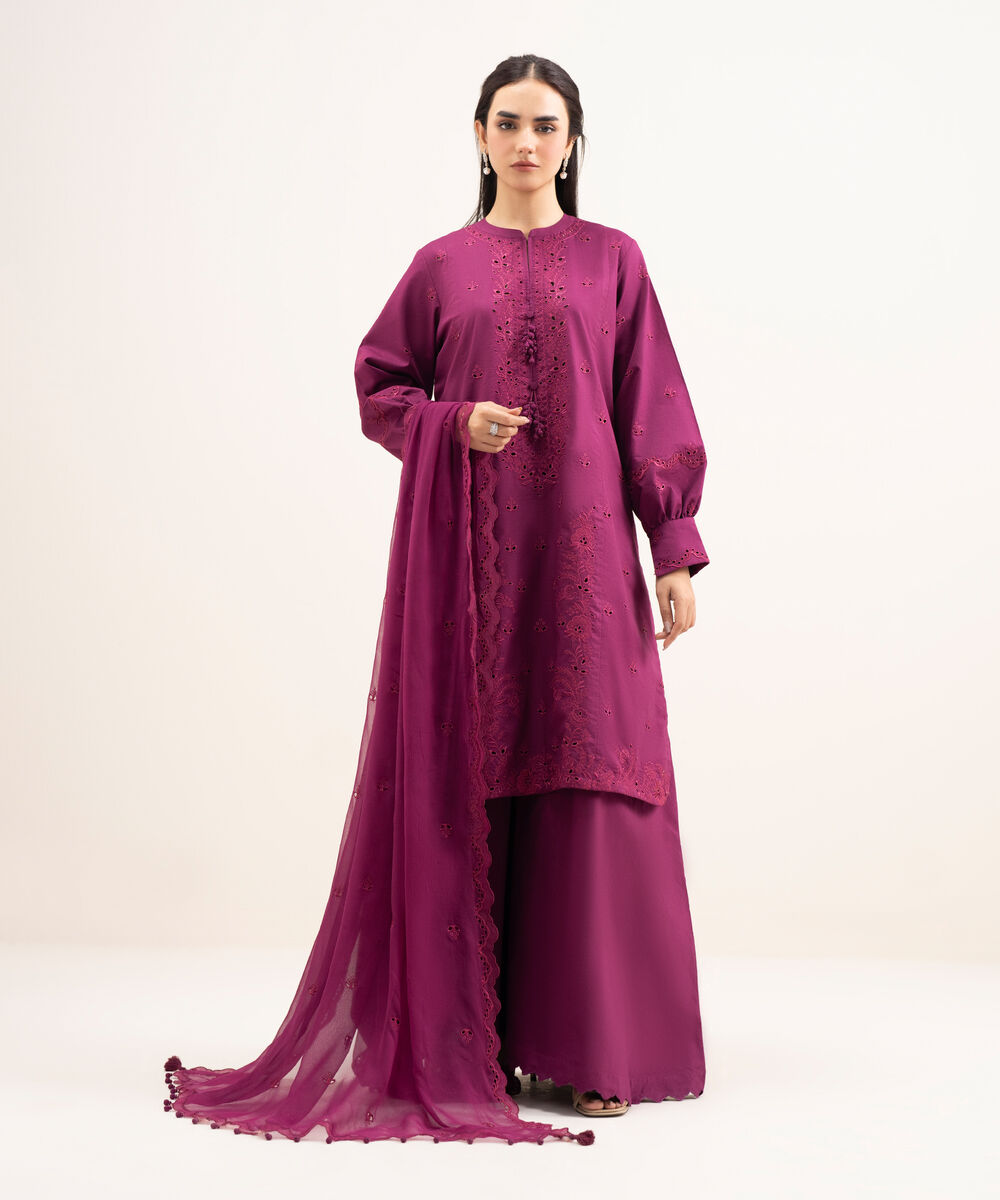 Women's Unstitched Textured Lawn Embroidered Purple 3 Piece Suit
