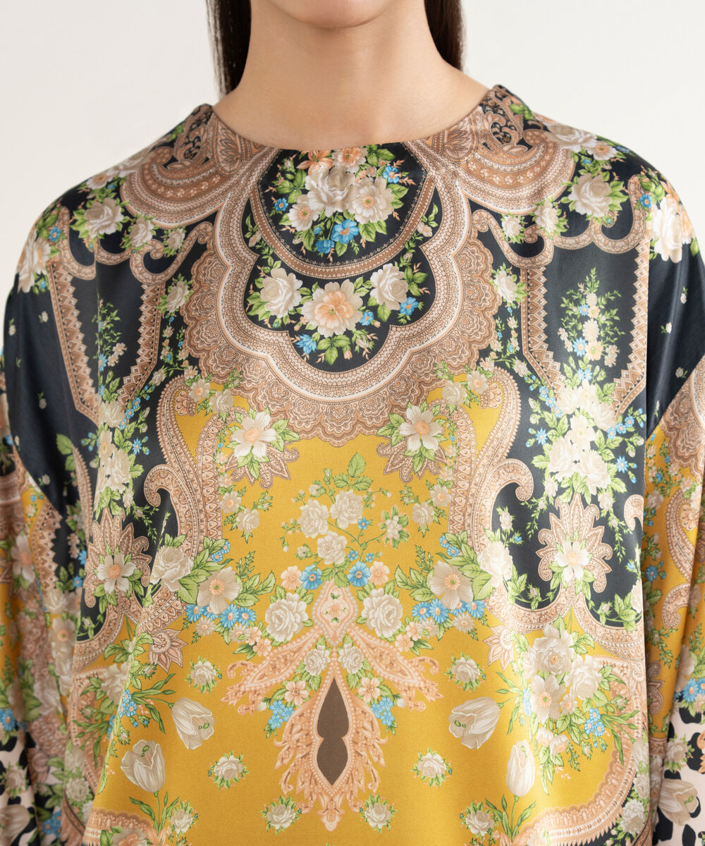 Women's RTW Blended Satin Printed Mustard 2 Piece Suit