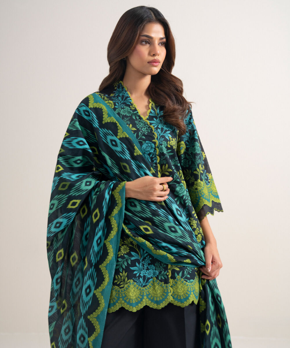 Women's Unstitched Lawn Embroidered Black 2 Piece Suit