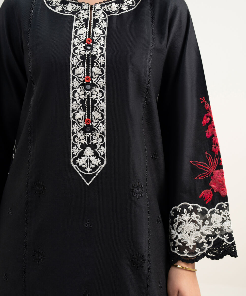 Women's RTW Viscose Thai Silk Embroidered Black 2 Piece Suit