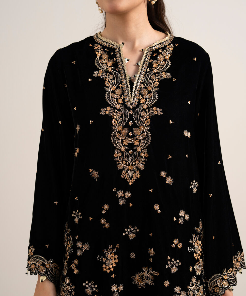 Women's Unstitched Embroidered Velvet Black 3 Piece Suit