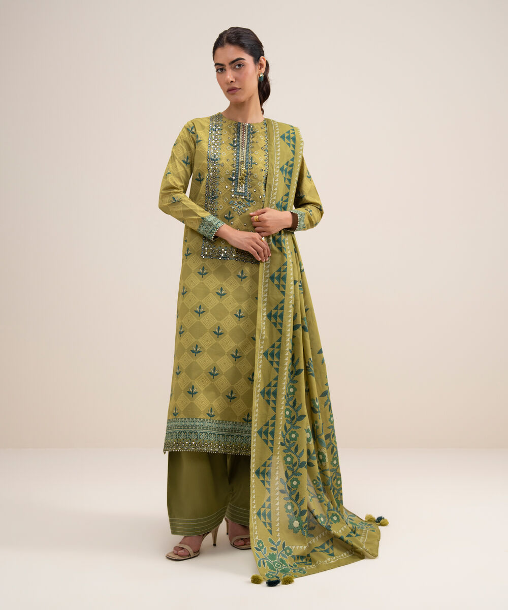 Women's Unstitched Lawn Embroidered Beige 3 Piece Suit