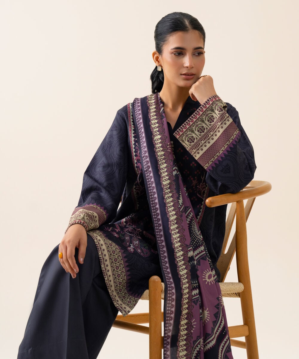 Women's Unstitched Viscose Linen Printed Blue 3 Piece Suit
