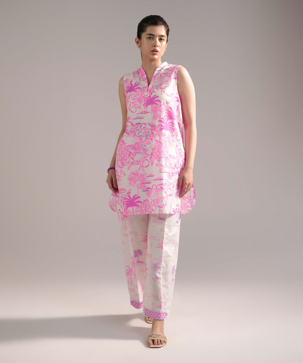 Women's RTW Dobby Printed White 2 Piece Suit