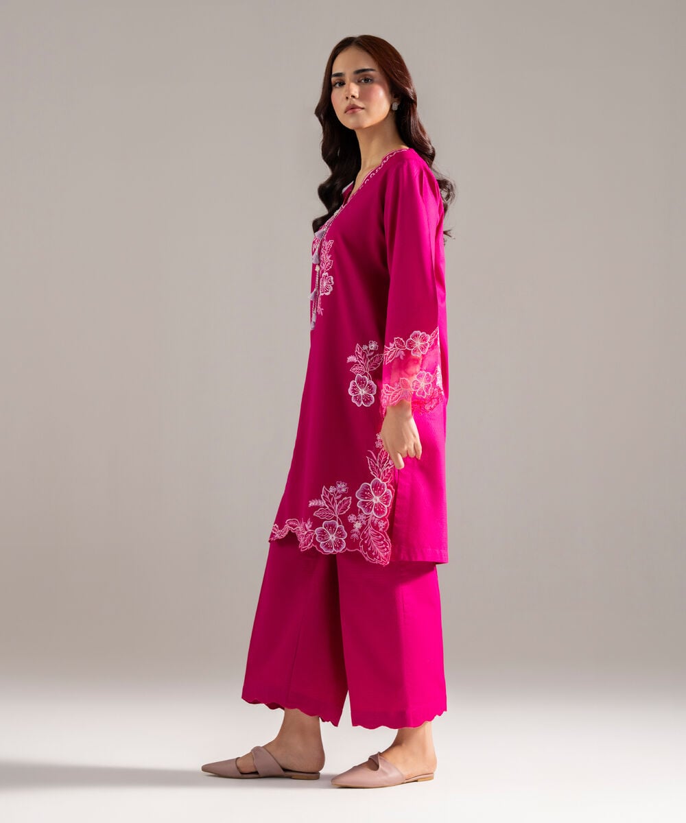 Women's RTW Dobby Solid Embroidered Pink Straight Shirt