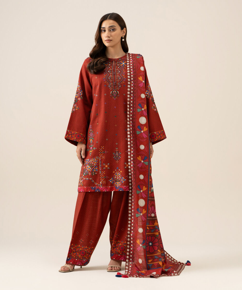 Women's Unstitched Light Khaddar Embroidered Red 3 Piece Suit