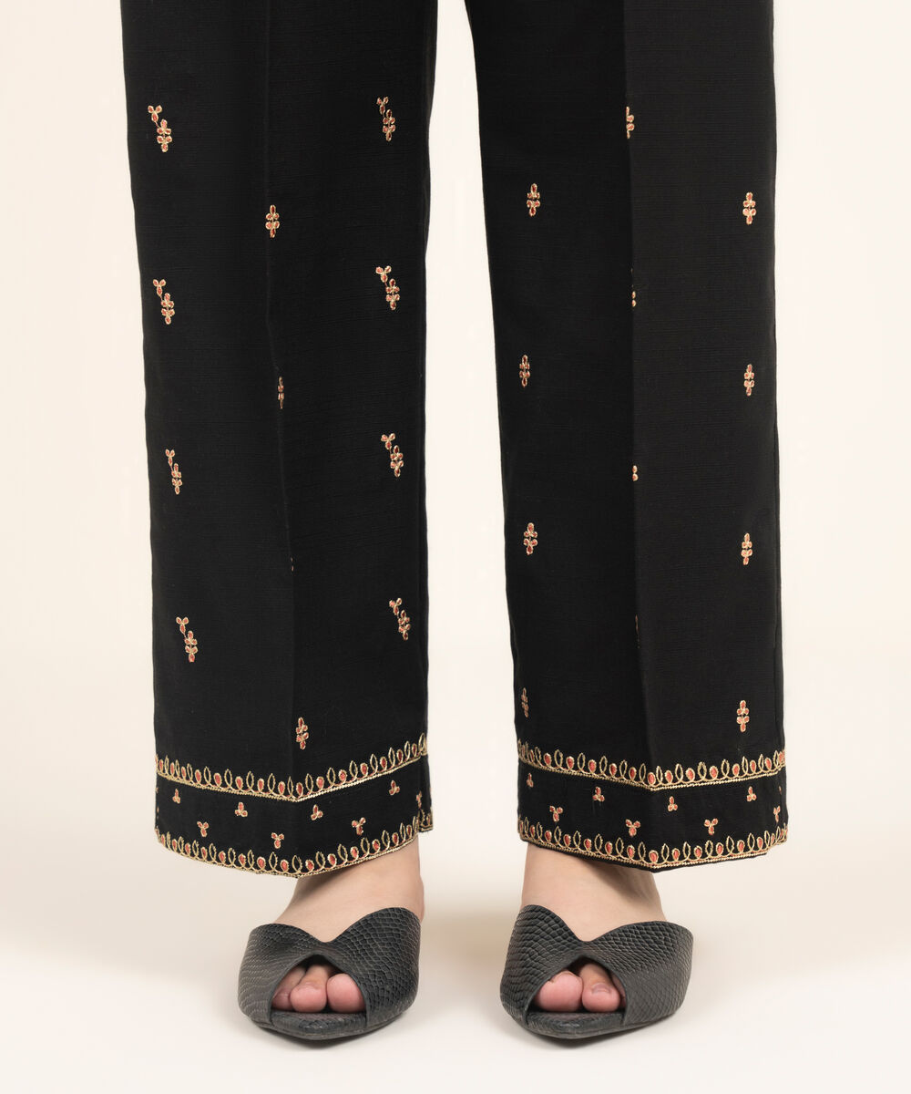 Women's RTW Khaddar Embroidered Black Straight Pants