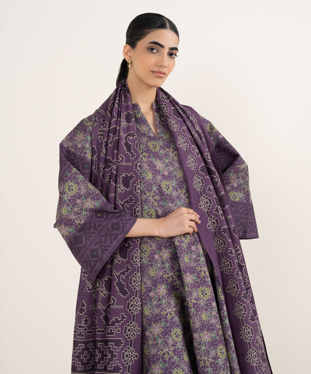 Women's Unstitched Printed Dobby Purple 3 Piece Suit