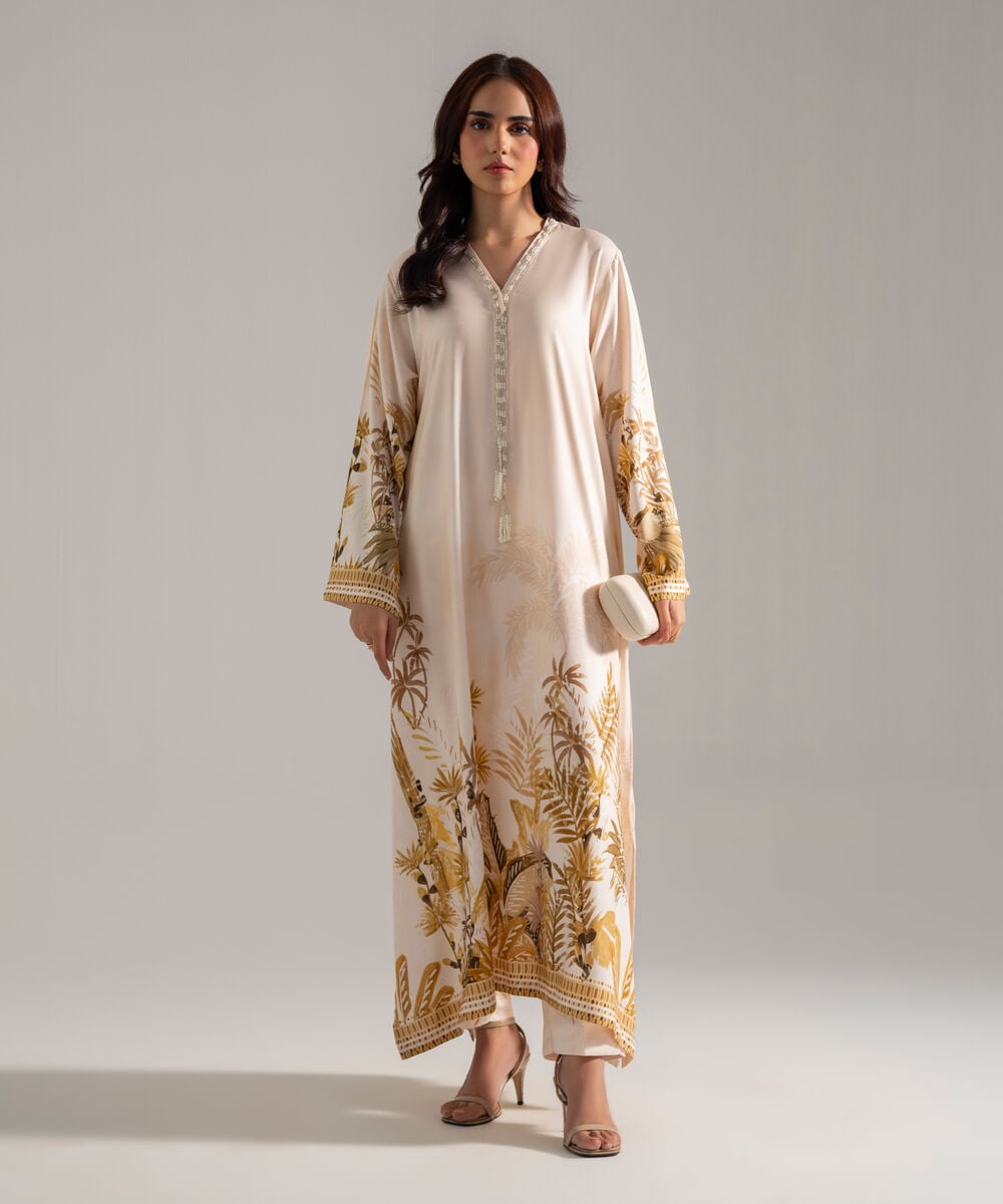 Women's RTW Printed Off White Viscose Linen 2 Piece Suit